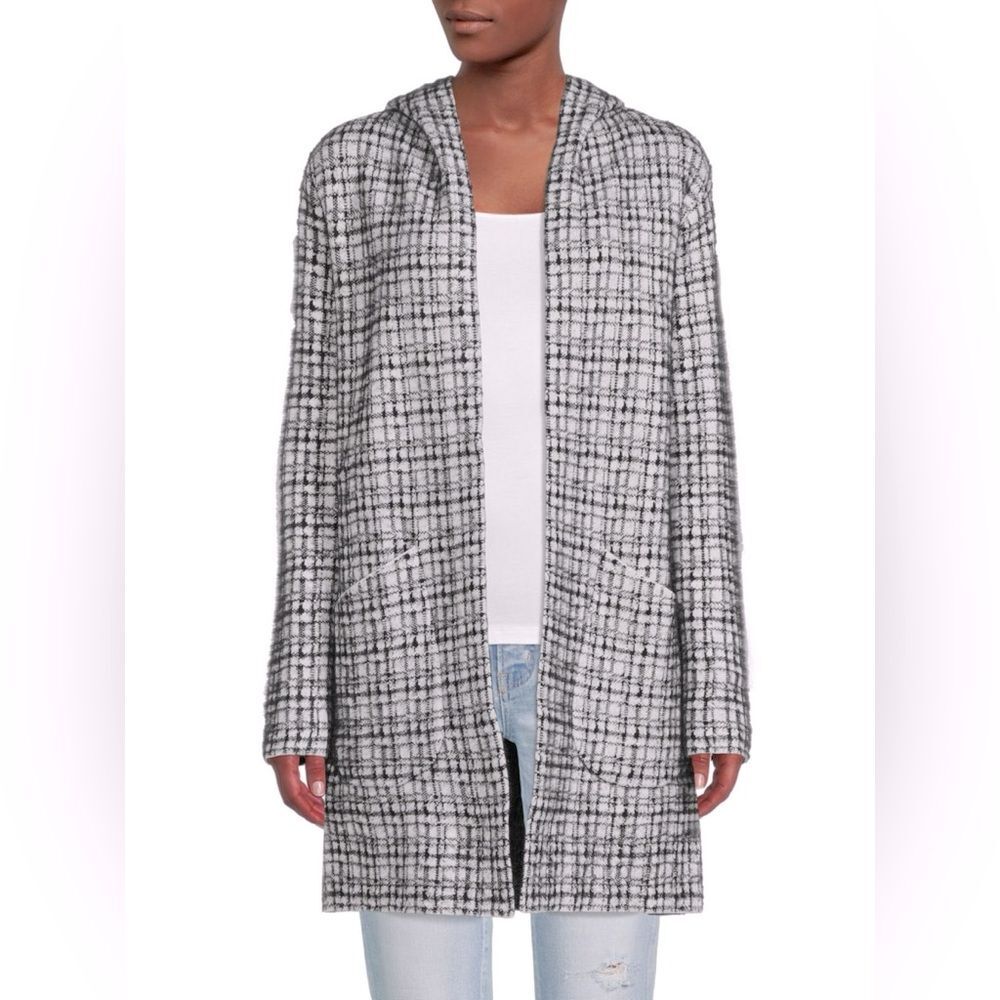Magaschoni Hooded Plaid Heavy Open Tweed Cardigan in Black/White size Medium